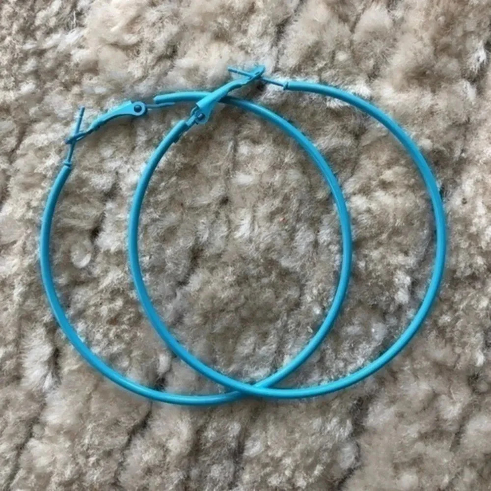 Baby Blue Retro 80’s Large Stainless Steel Hoops Earrings NWT